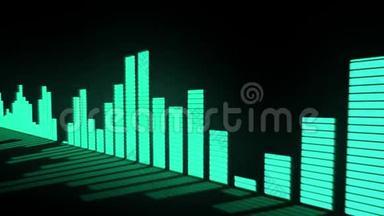 3D动画：音乐控制水平。 浅绿色-蓝色绿松石颜色的音频均衡条随反射移动